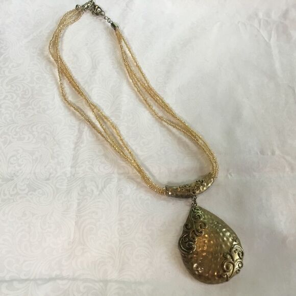Hammered Goldtone and Seed Bead Pendant - Picture 1 of 8